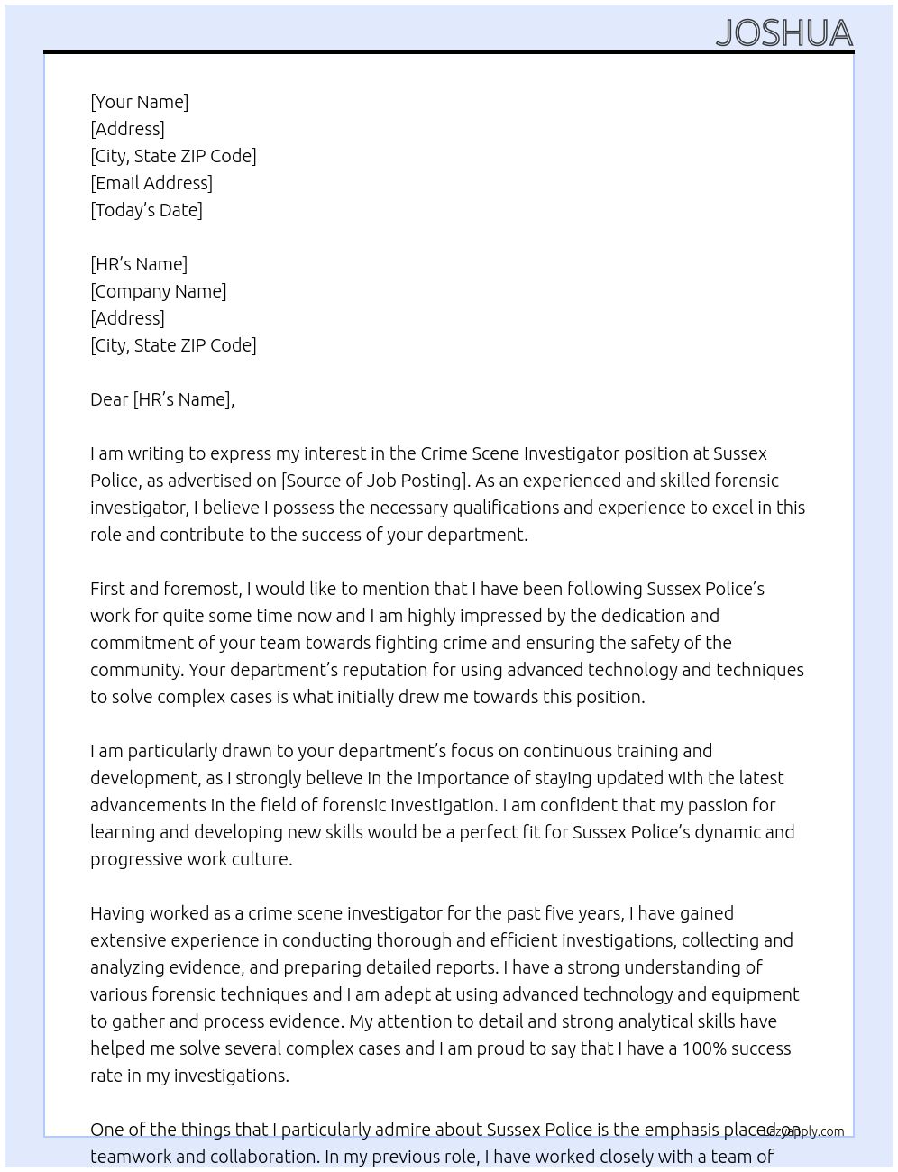 crime scene investigator  At sussex police Cover Letter