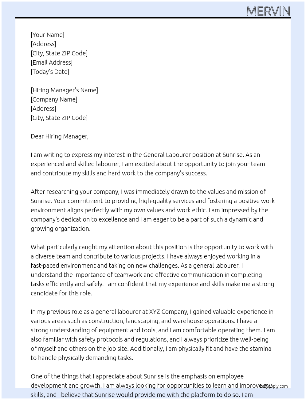 general labourer At sunrise Cover Letter