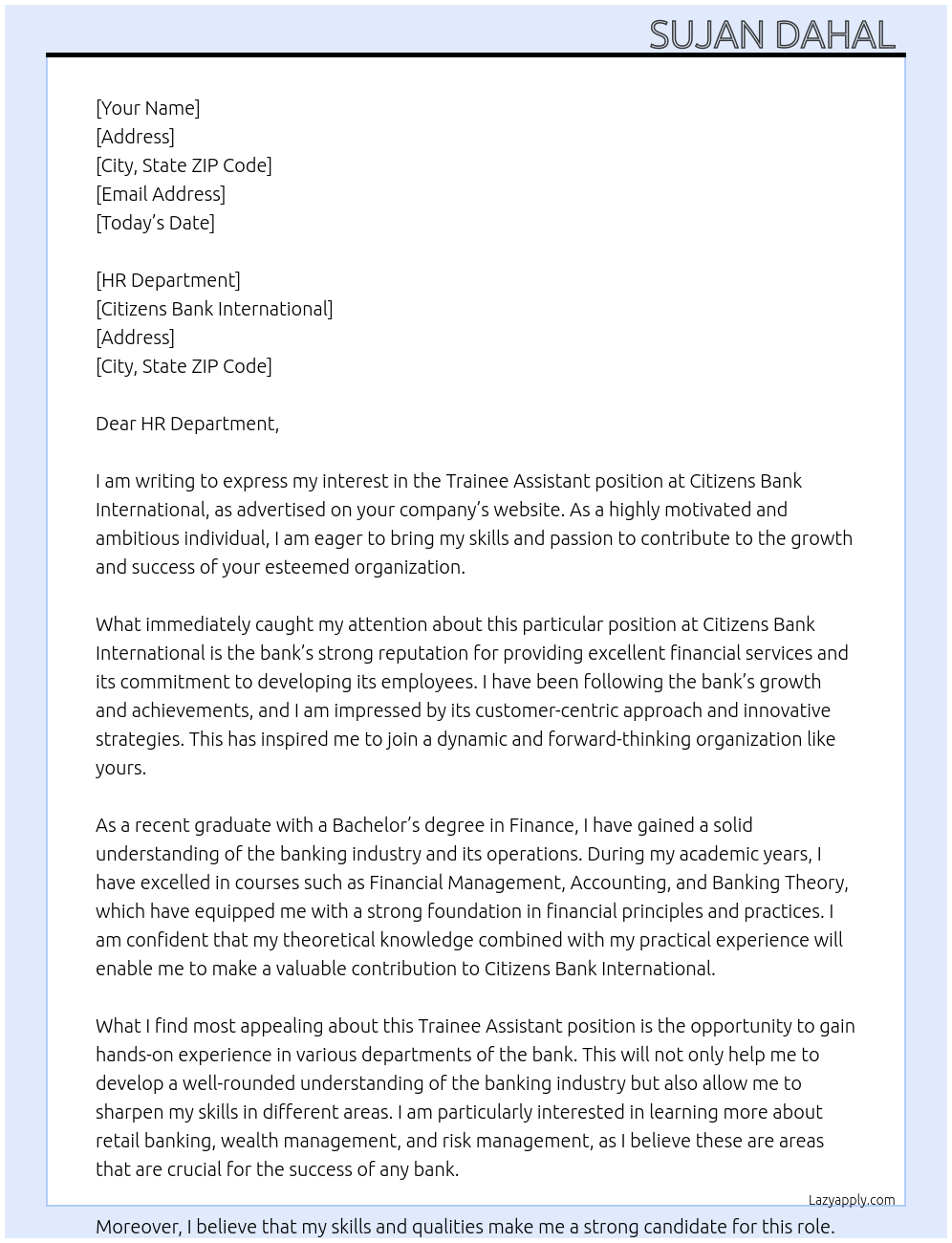 Trainee assistant At citizens bank international Cover Letter