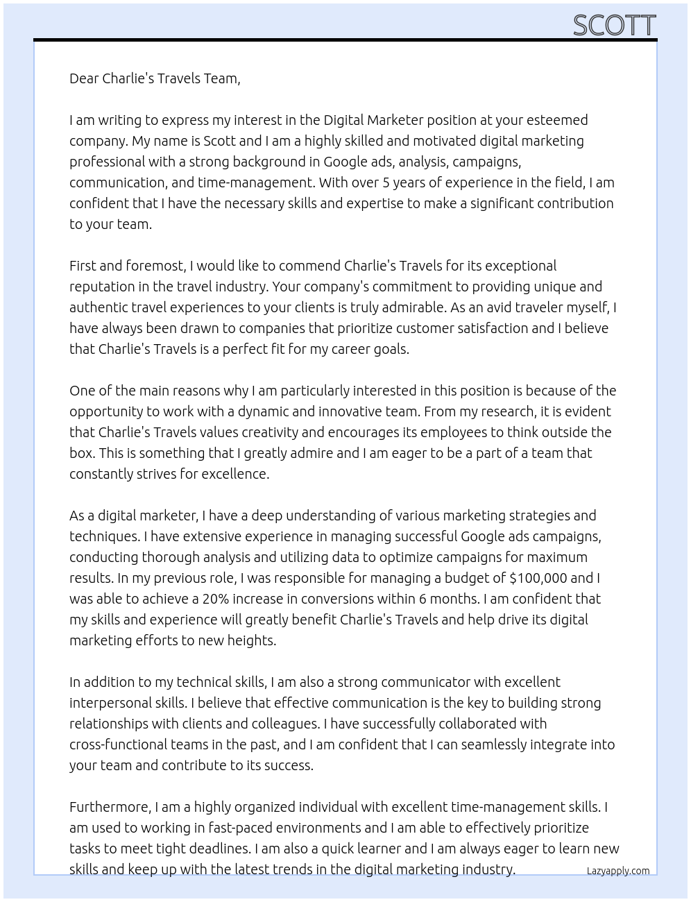 Digital Marketer At Charlie's Travels Cover Letter