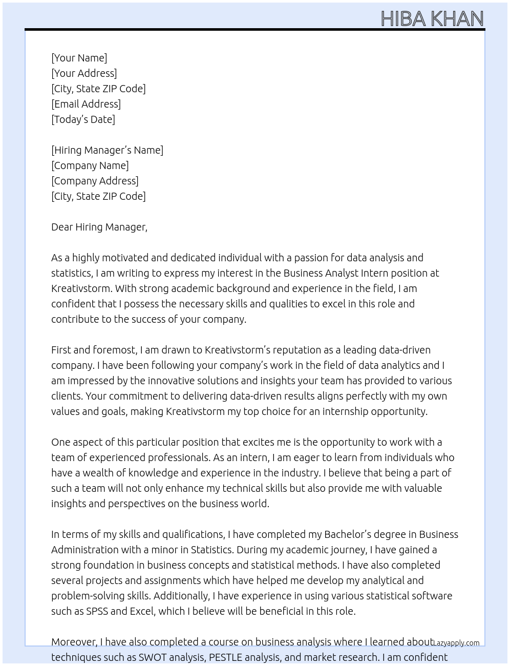 Business Analyst Intern At Kreativstorm Cover Letter