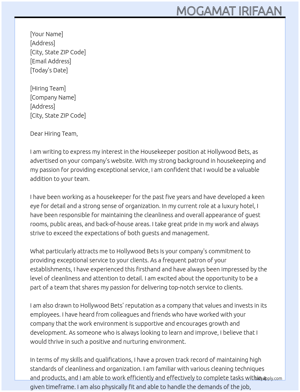 Housekeeper At Hollywood Bets Cover Letter