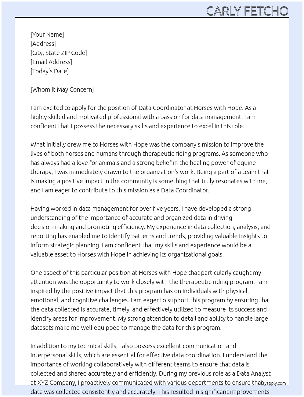 Data Coordinator At Horses with Hope Cover Letter