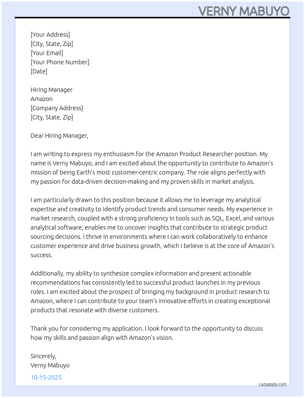 Amazon Product Researcher At Amazon Cover Letter