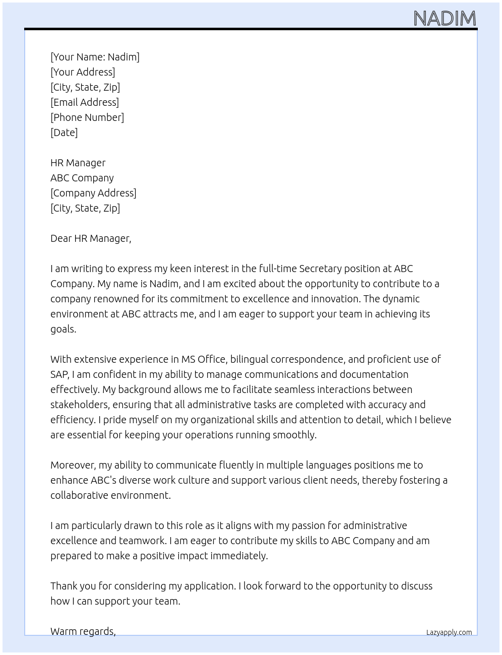 Secretary At abc Cover Letter