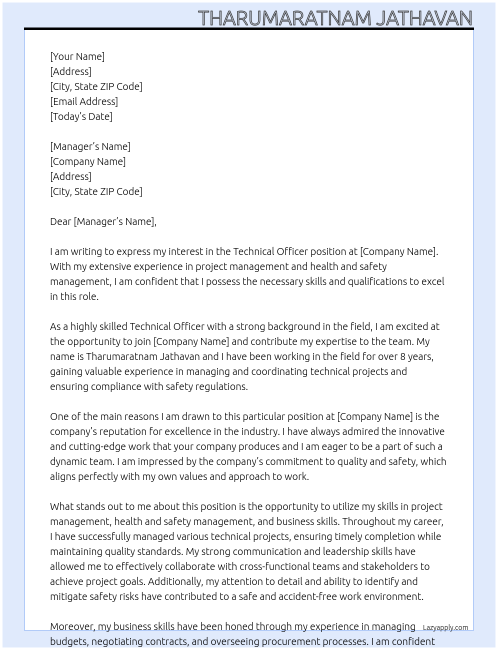 Technical Officer At Company Cover Letter
