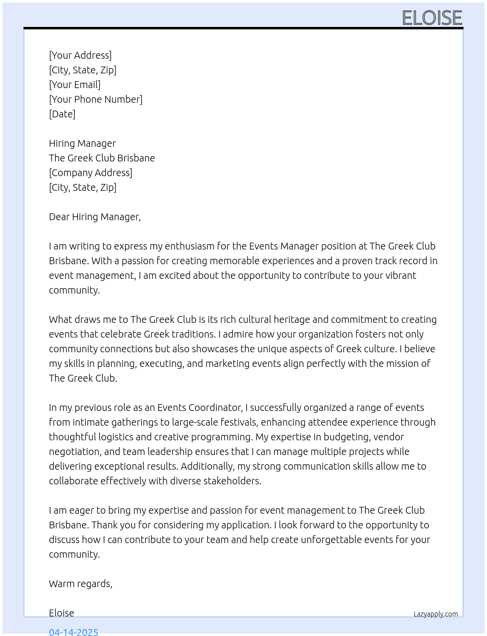 Events Manager At The Greek Club Brisbane Cover Letter