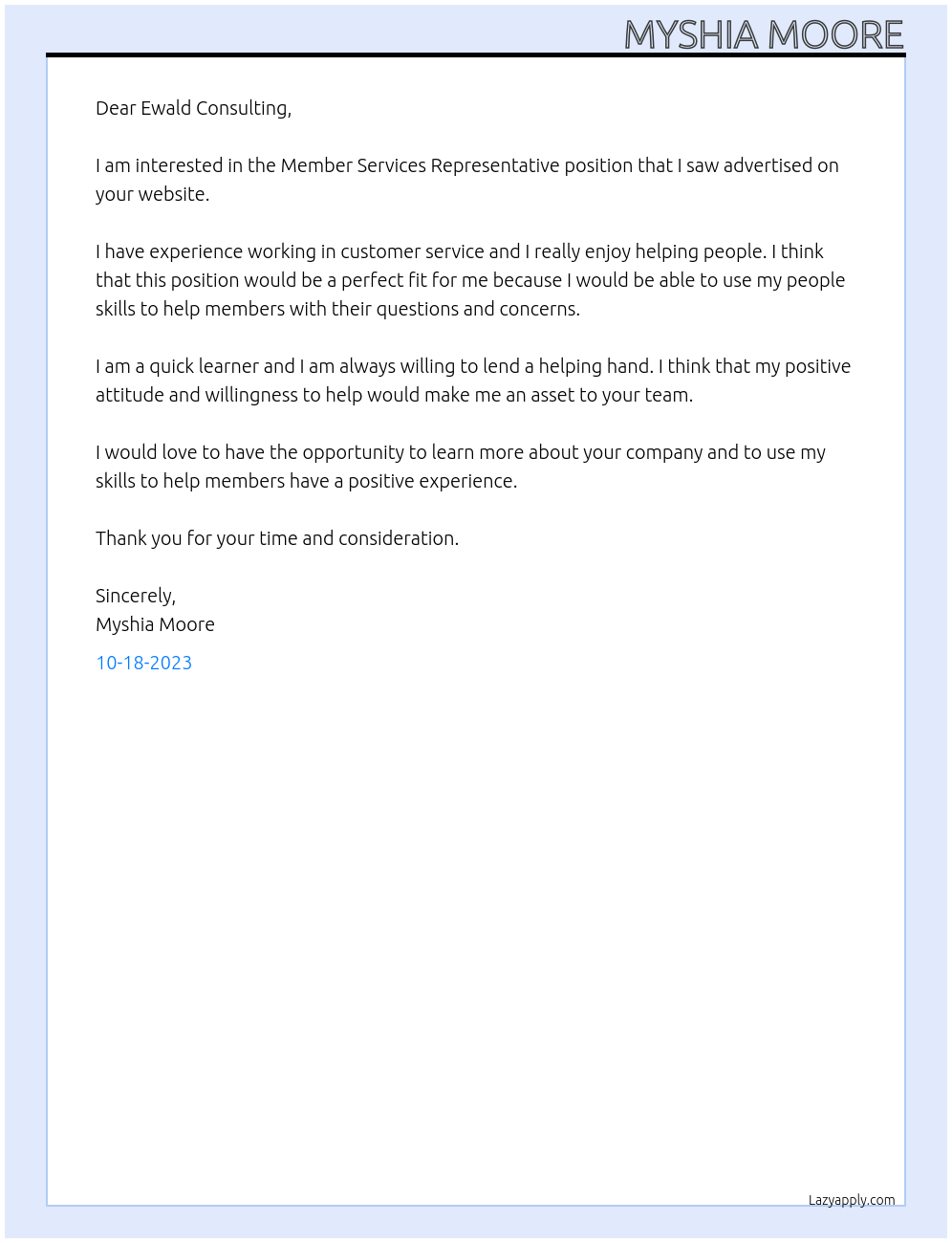 Member Services Representative At Ewald Consulting Cover Letter