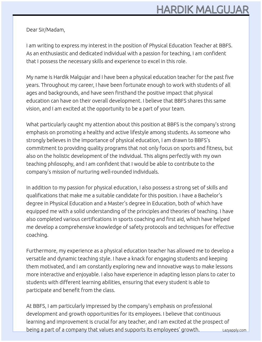 physical Education teacher At BBFS Cover Letter