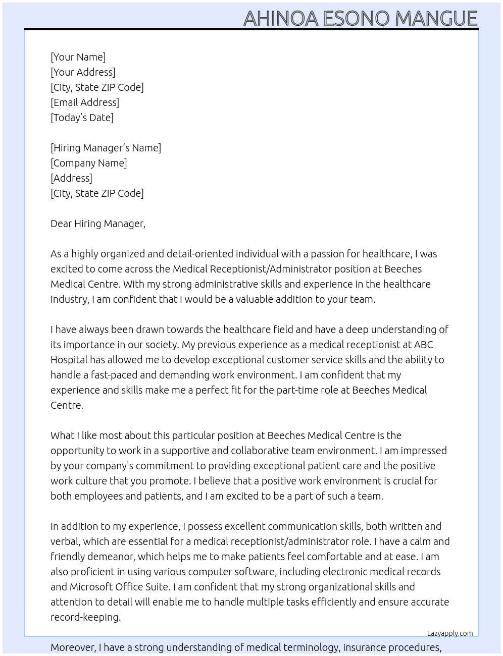 Medical receptionist/administrator  At Beeches Medical Centre Cover Letter