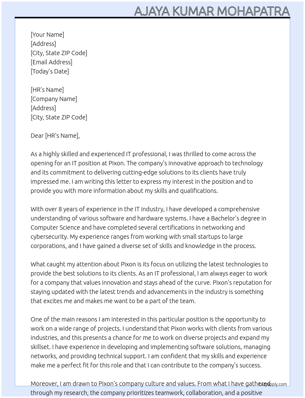 IT At Pixon Cover Letter