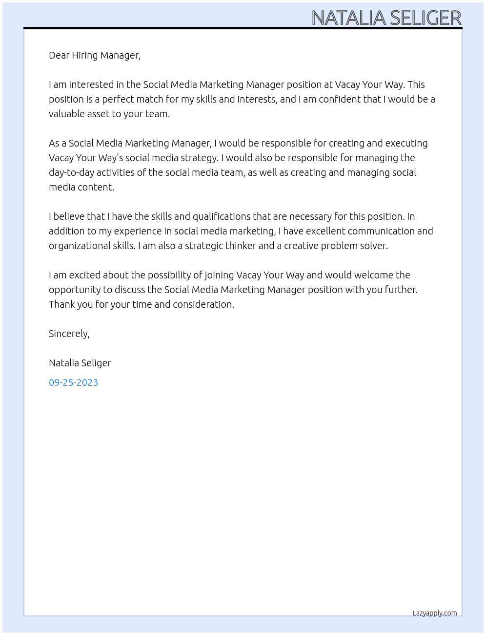 Social Media Marketing Manager At Vacay Your Way Cover Letter