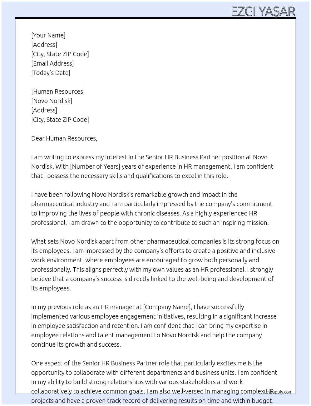 Senior HR Business Partner At Novo Nordisk Cover Letter