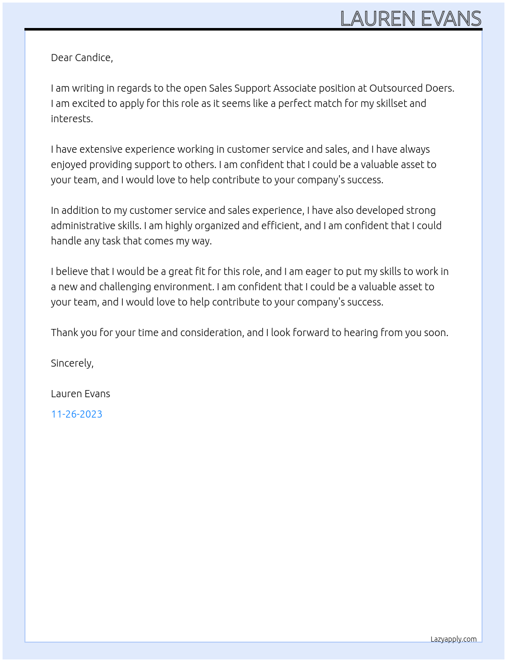 Sales Support Associate At Outsourced Doers Cover Letter