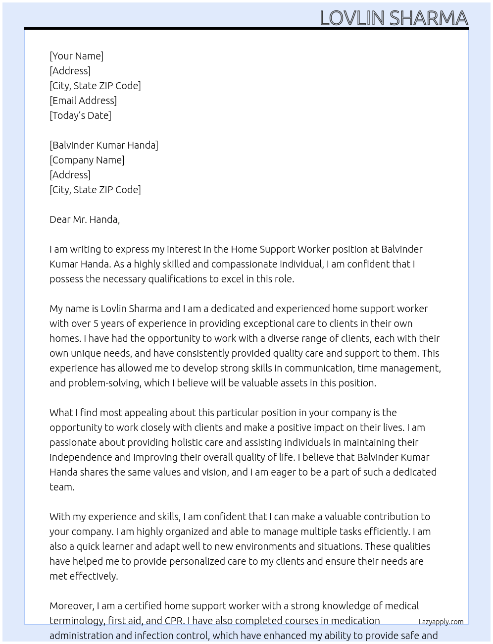 home support worker At balvinder kumar handa Cover Letter
