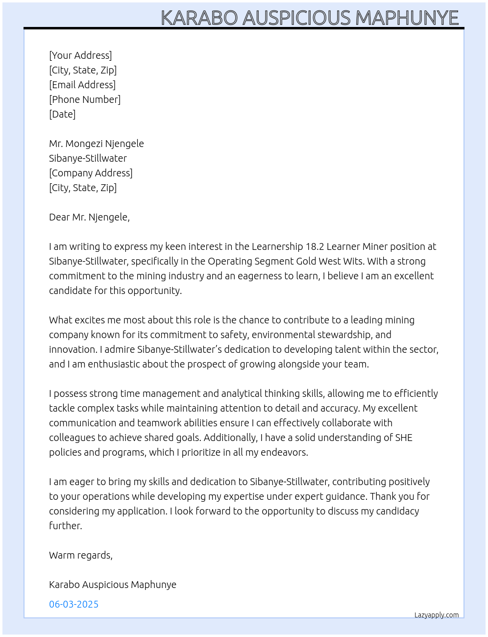 Learnership 18.2 Learner Miner At Sibanye-Stillwater Cover Letter