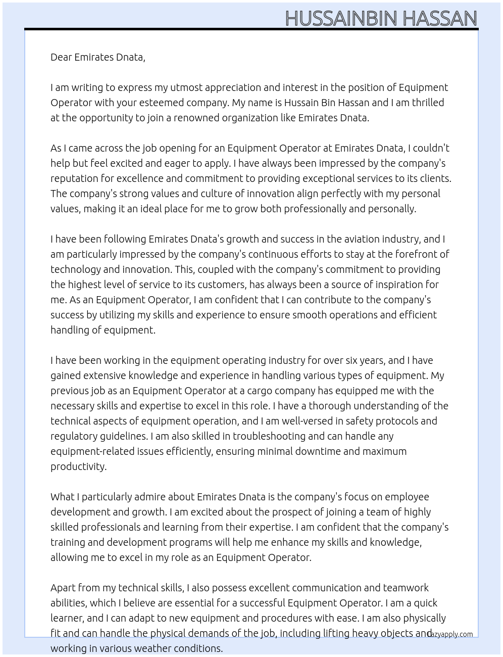 equipment operator At Emirates Dnata Cover Letter