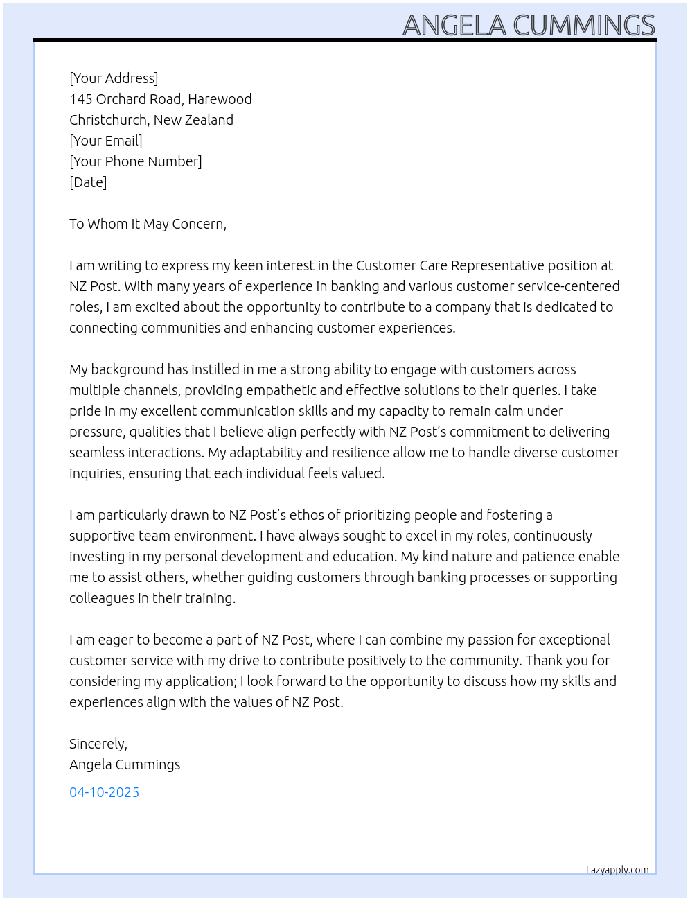 Customer Care Representative At NZ Post Cover Letter