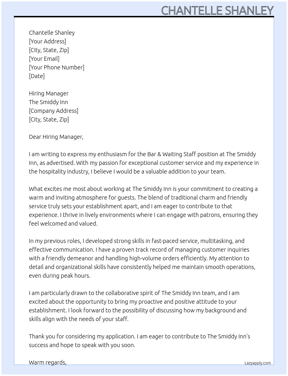 Bar & Waiting Staff At The Smiddy Inn Cover Letter