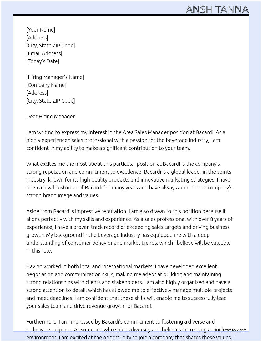 area sales manager At bacardi Cover Letter