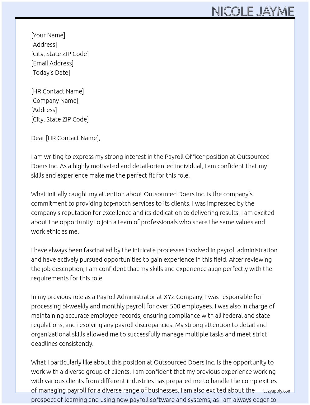 Payroll Officer At Outsourced Doers Inc. Cover Letter