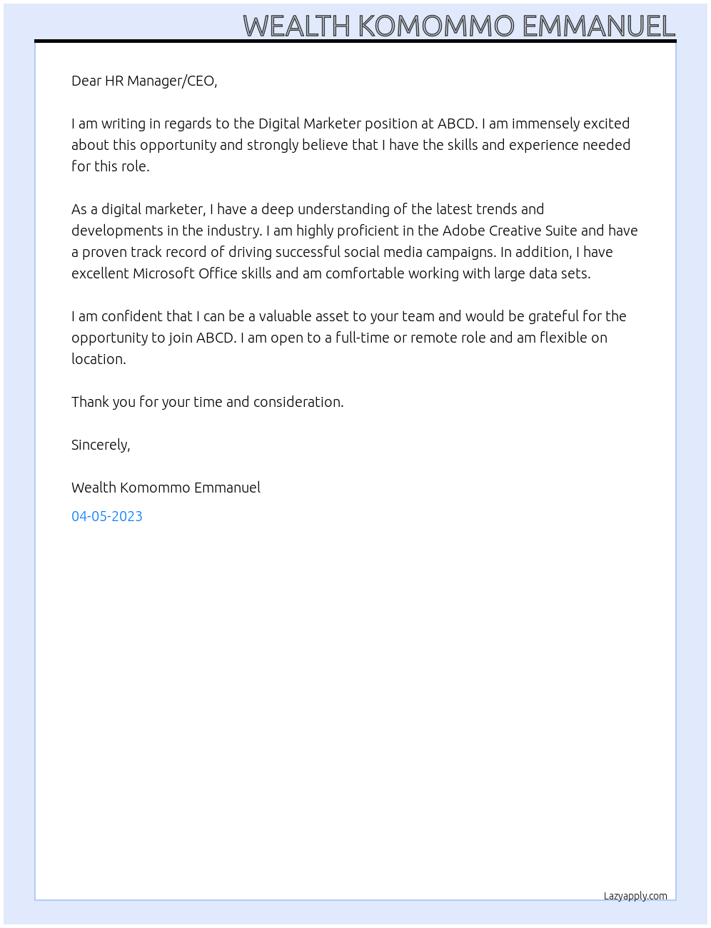 DIGITAL MARKETER At abcd Cover Letter