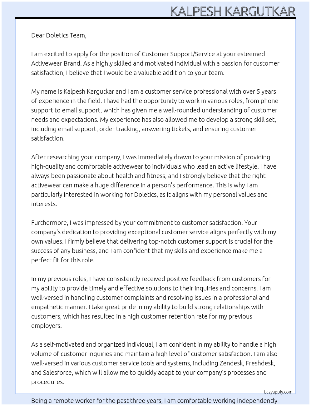 Customer Support/Service at an Activewear Brand At Doletics Cover Letter