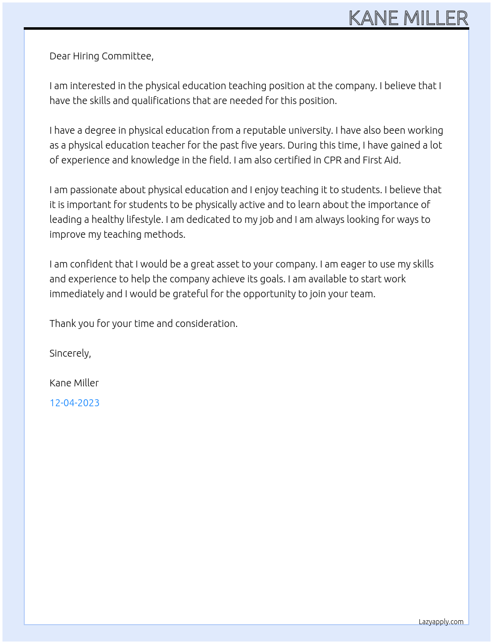 Physical Education Teacher At Physical Education Teaching Position Cover Letter