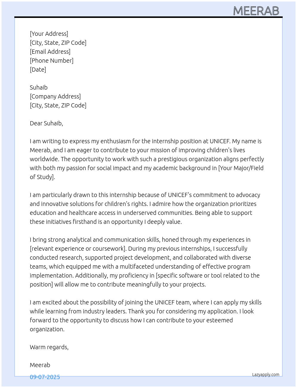 Internship At Suhaib Cover Letter