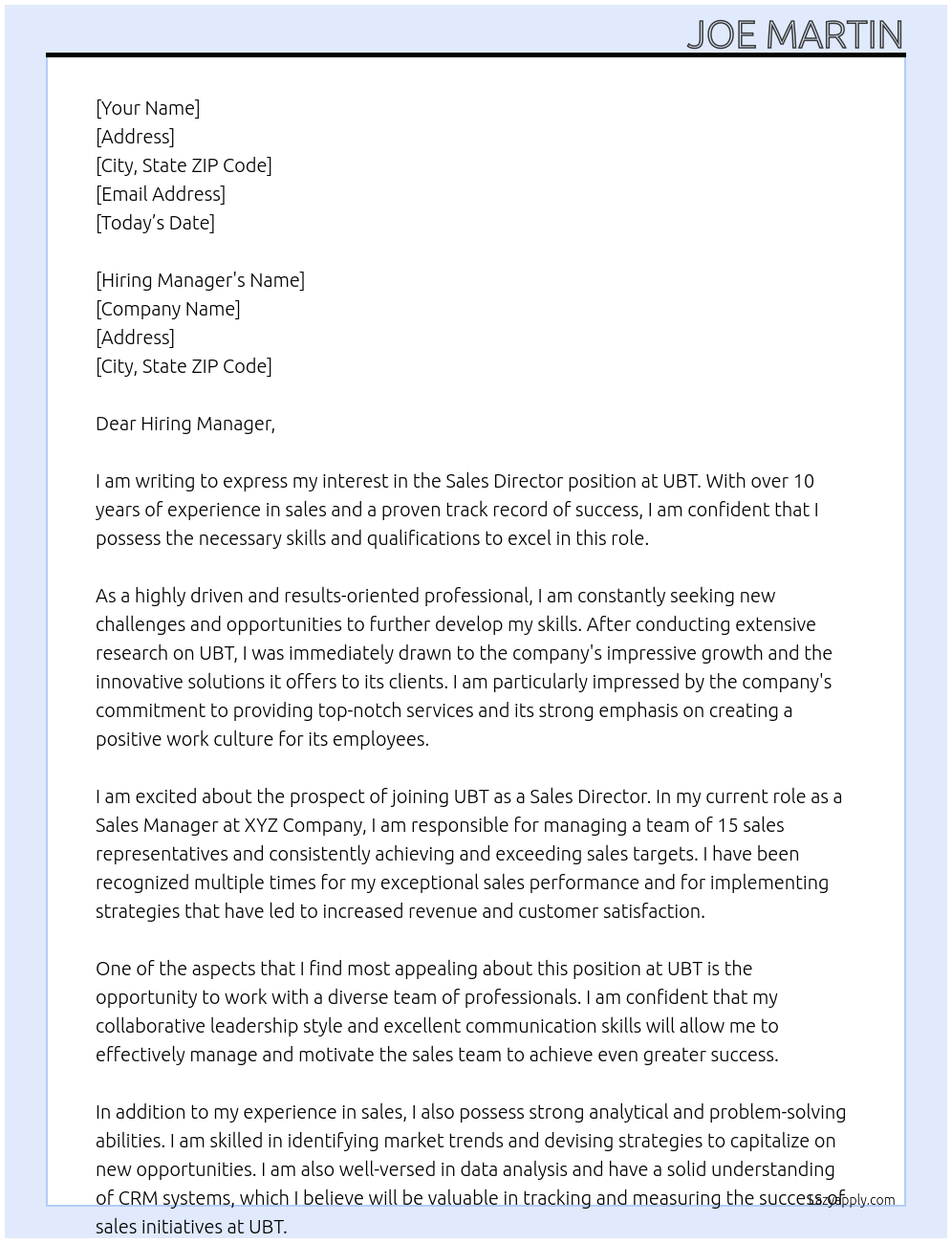 Sales director At UBT Cover Letter