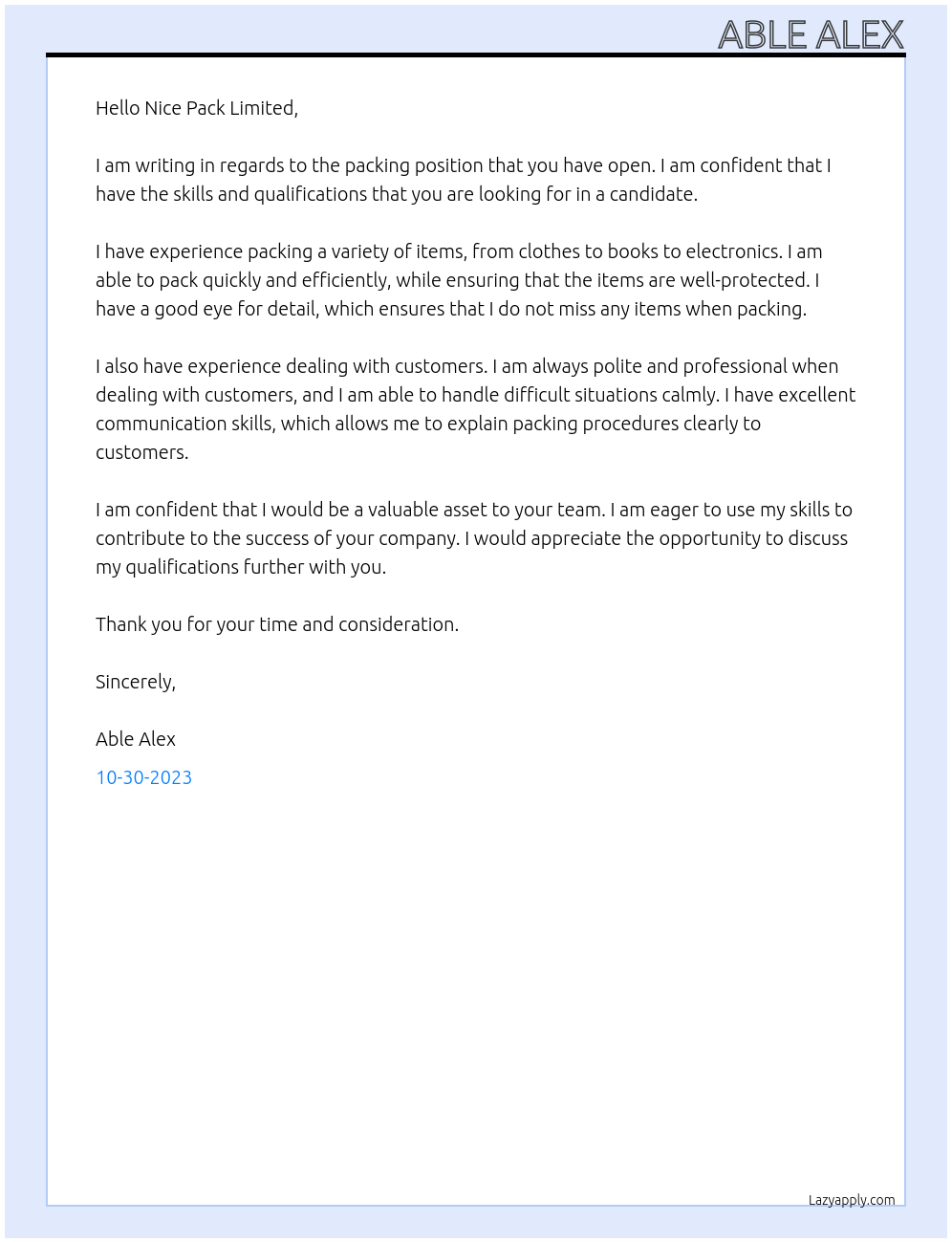 packing At Nice Pack Limited Cover Letter