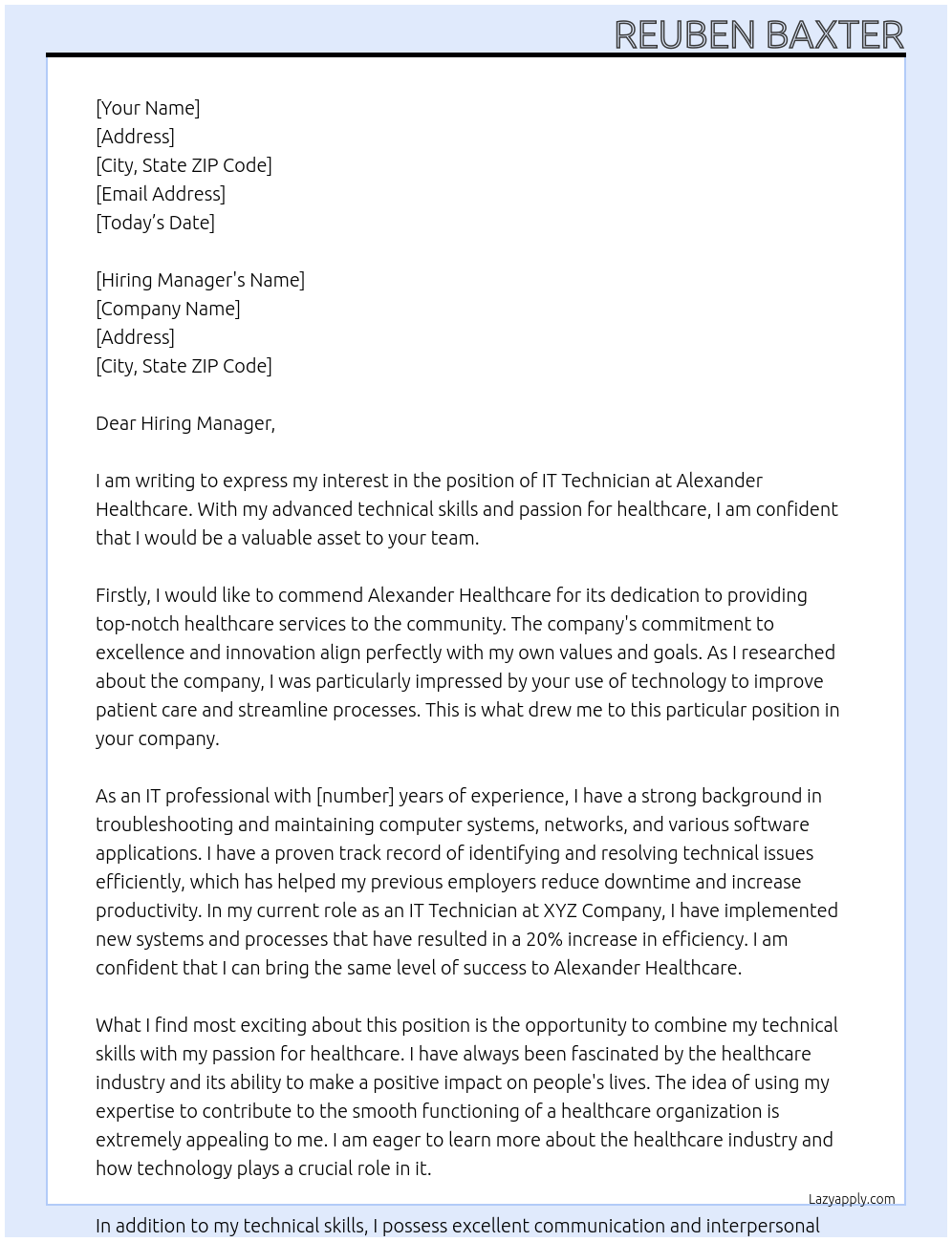 it technician At Alexander healthcare Cover Letter