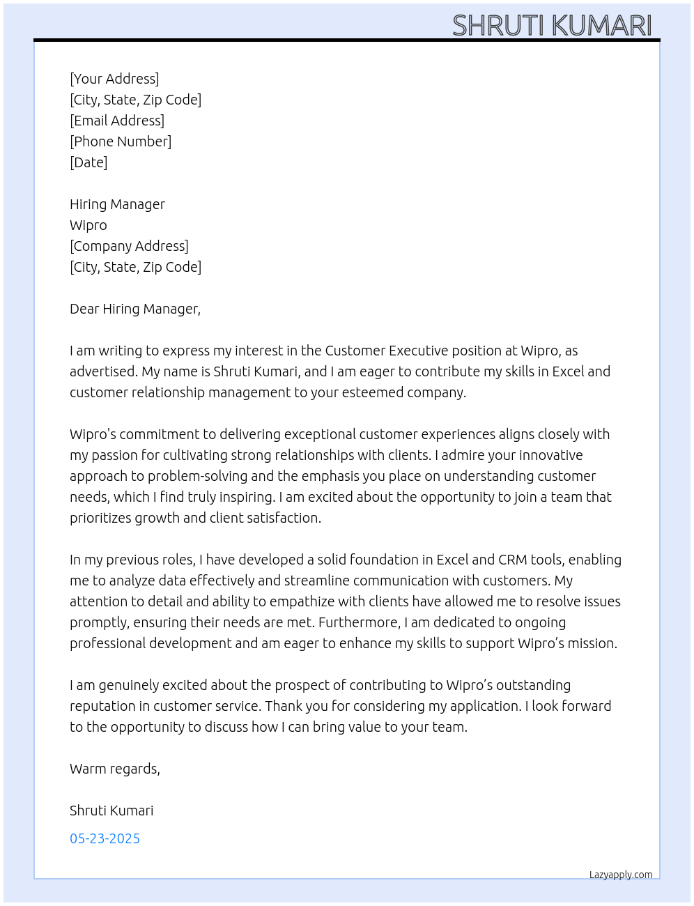 Customer executive  At Wipro  Cover Letter