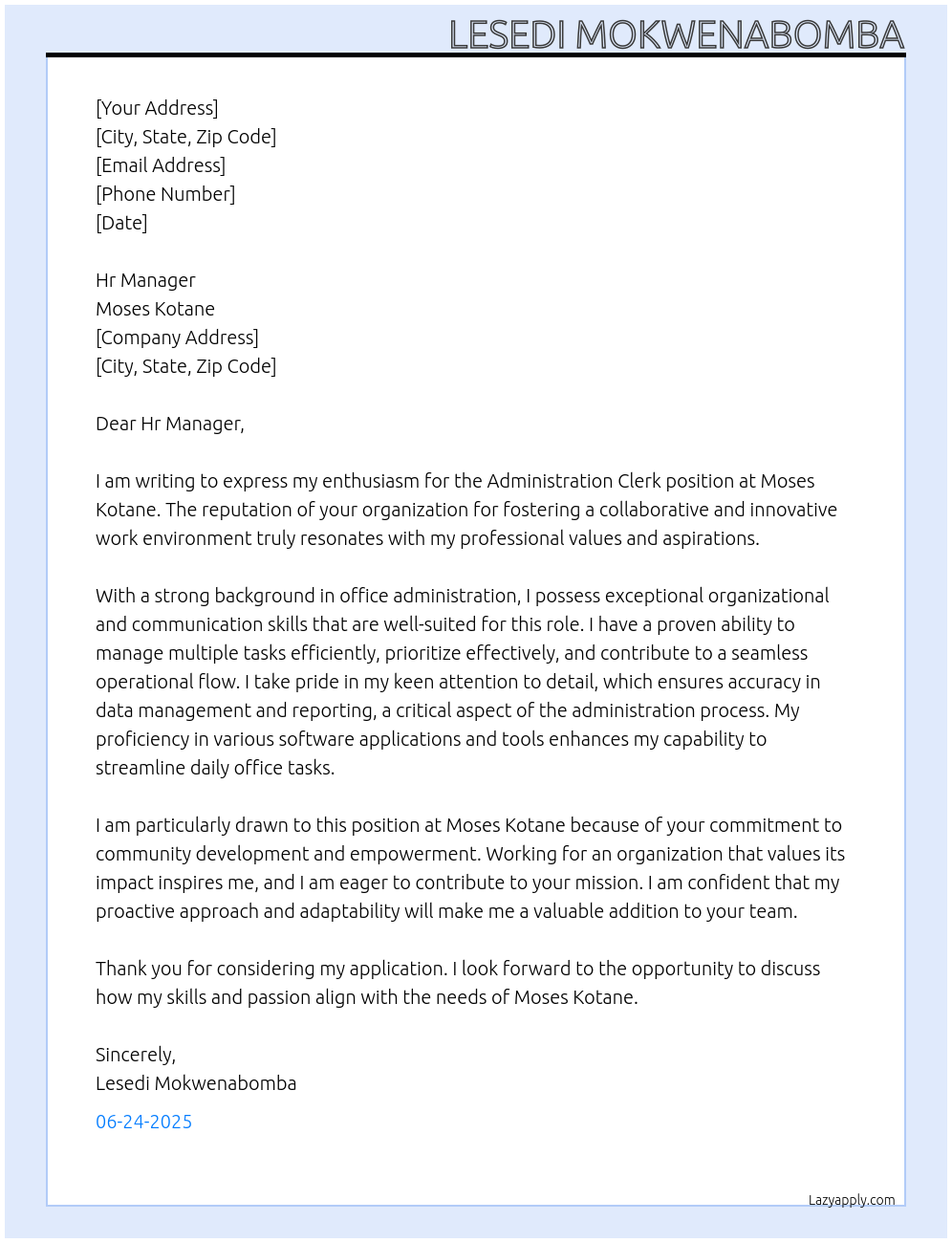 Administration clerk At Moses kotane Cover Letter