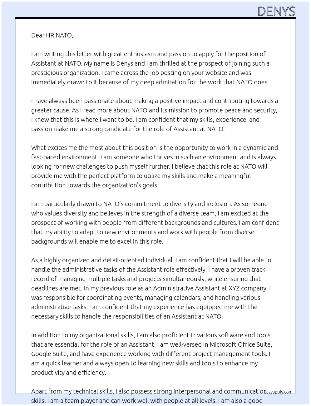 Assistant At NATO Cover Letter