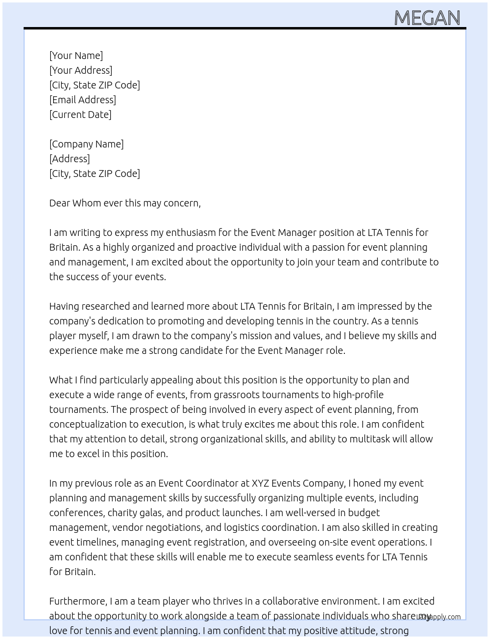 Event Manager At LTA Tennis for Britain Cover Letter