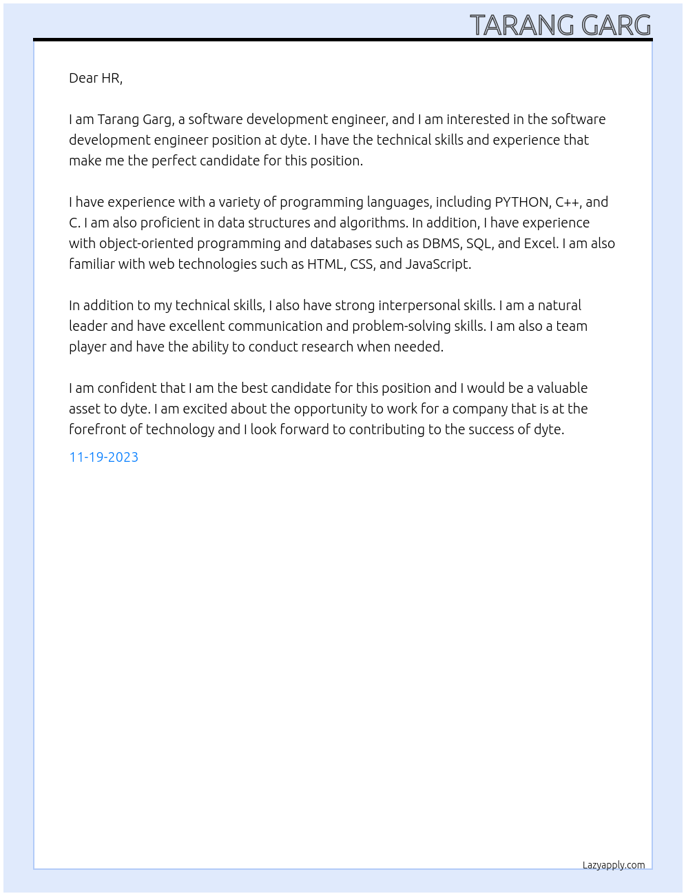 Software Development Engineer At dyte Cover Letter