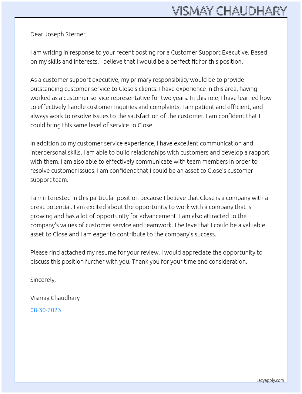 Customer Support Executive At Close Cover Letter