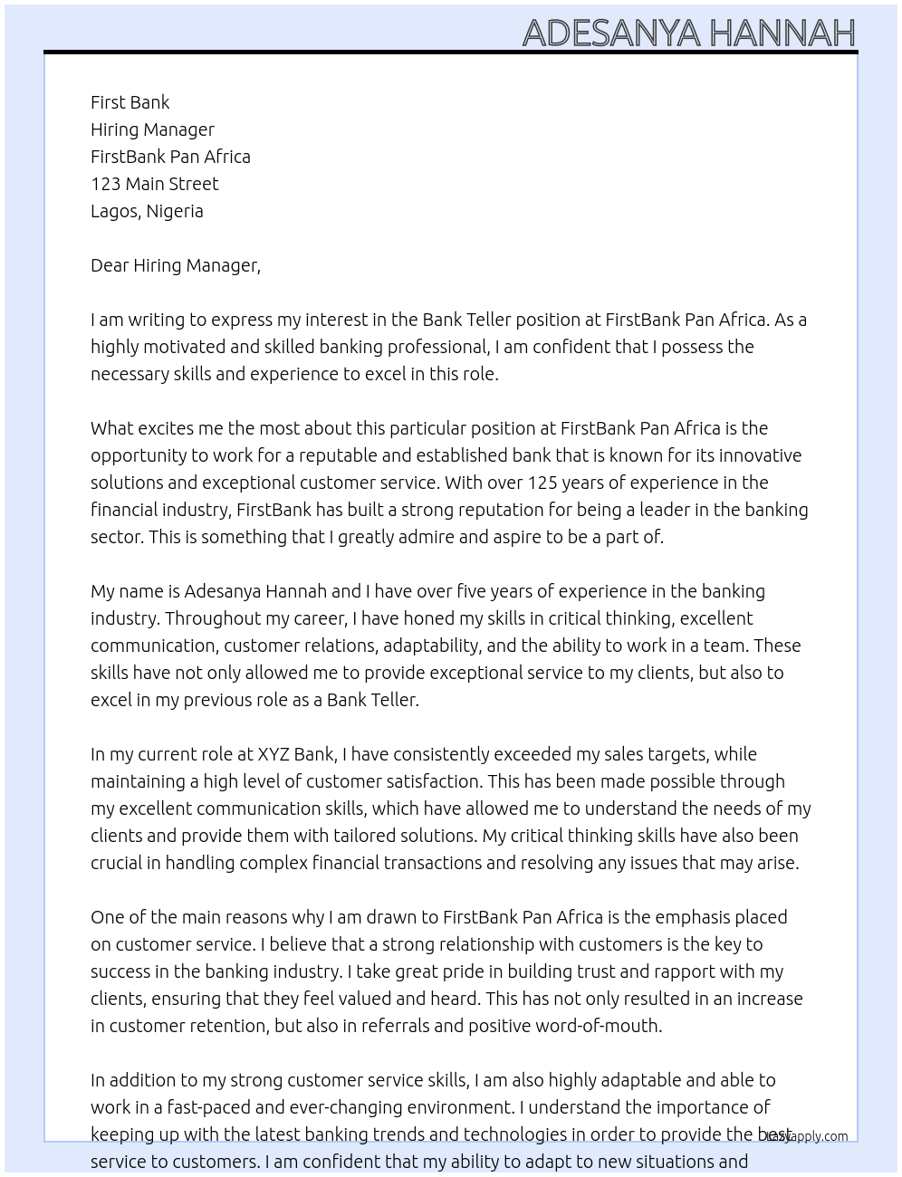 Bank Teller At FirstBank Pan Africa Cover Letter