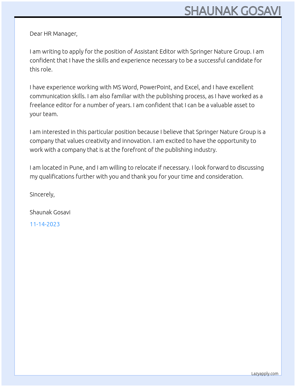 Assistant Editor  At Springer Nature Group  Cover Letter