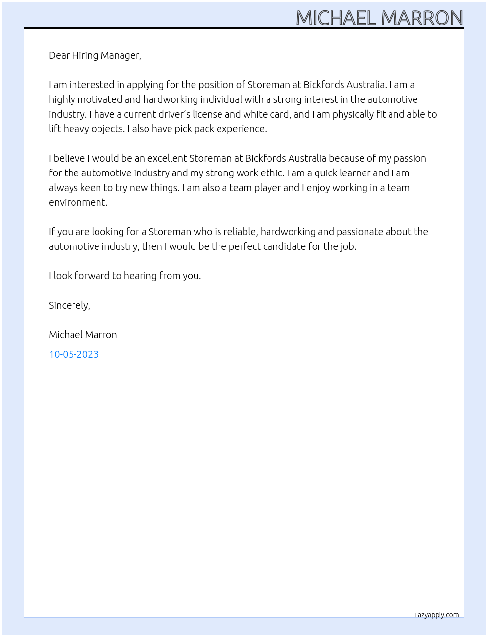 Storeman At Bickfords Australia Cover Letter