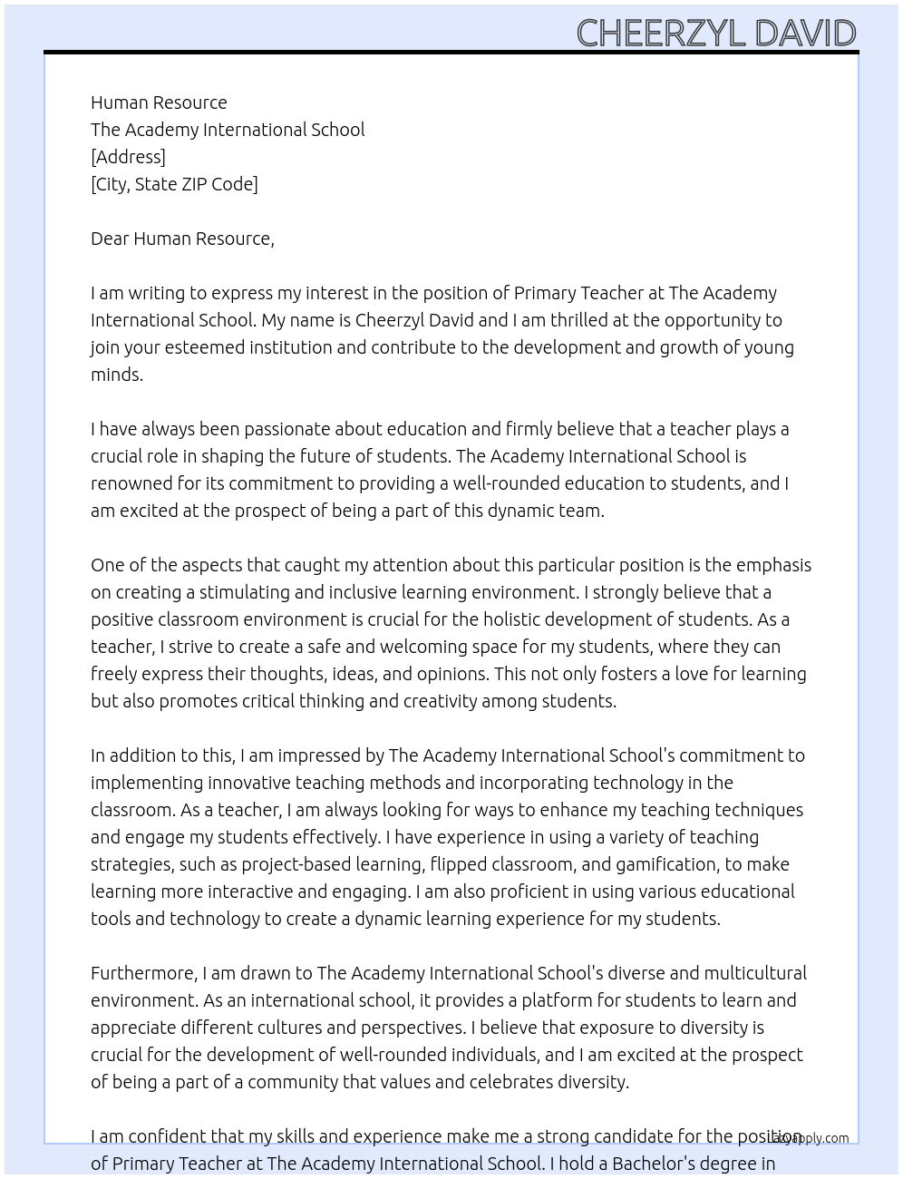 Primary Teacher At The Academy International School Cover Letter
