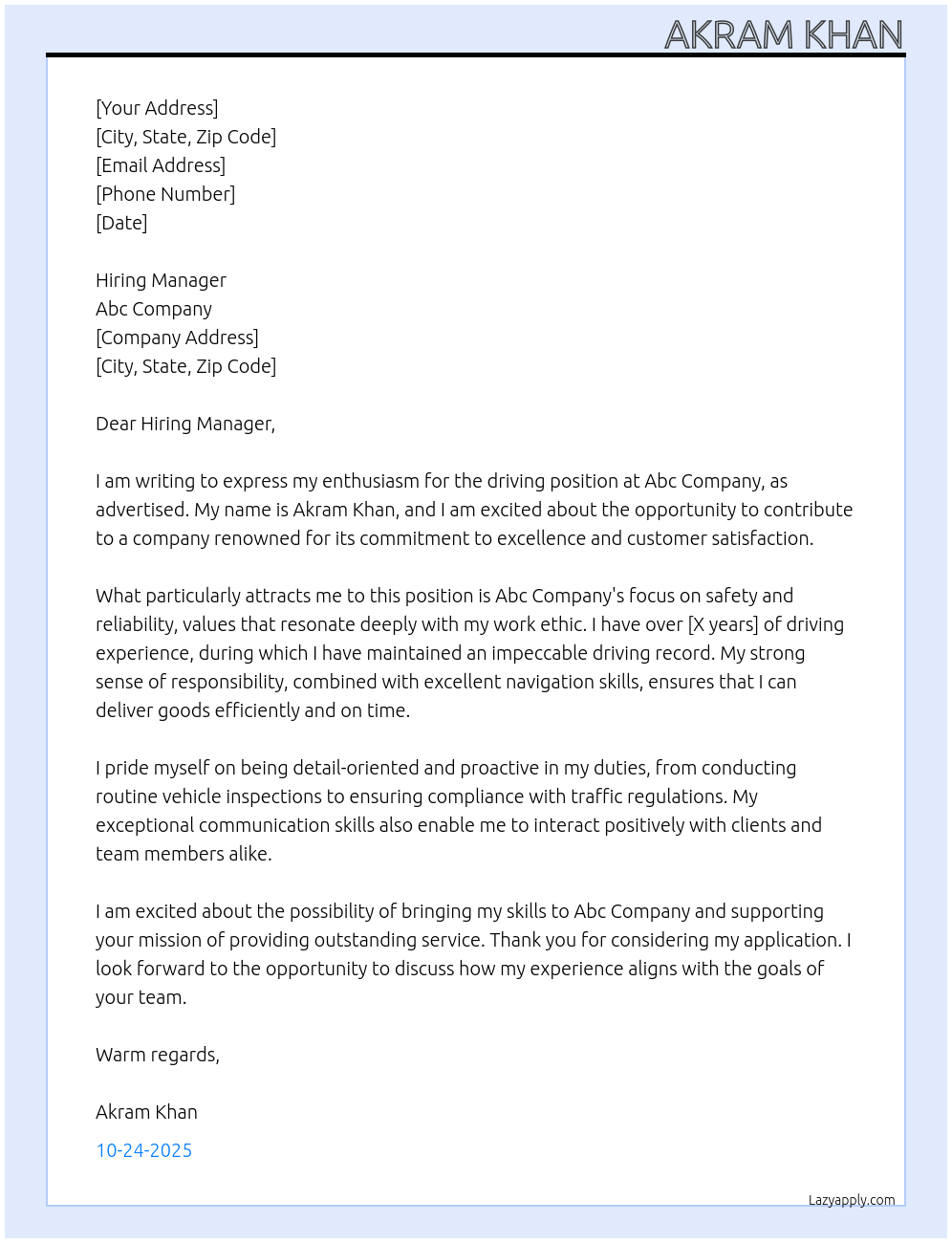 Cover letter for driving - LazyApply