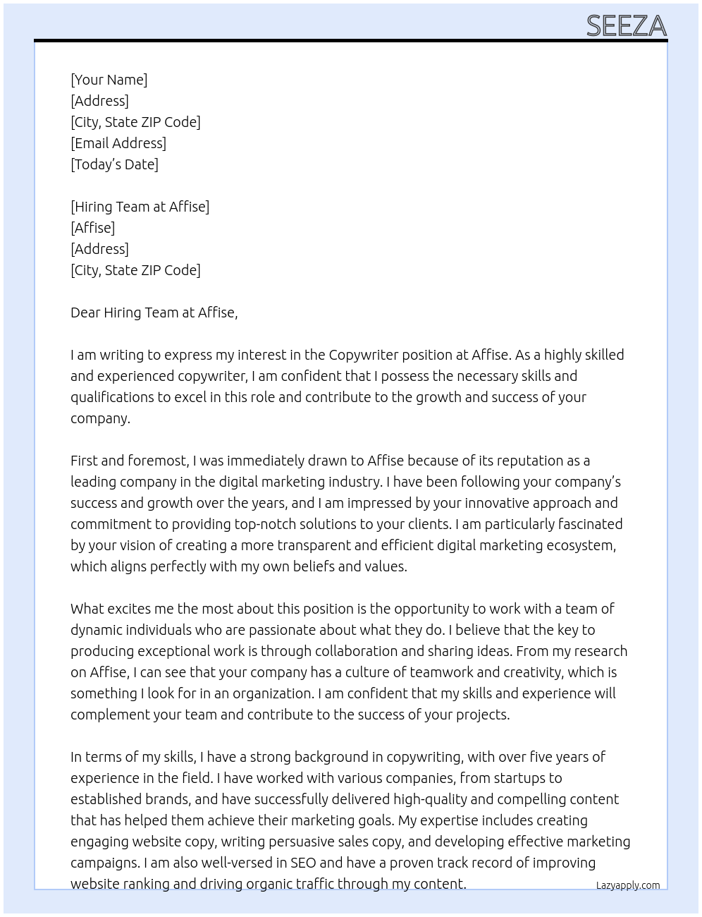 Copywriter At Affise Cover Letter