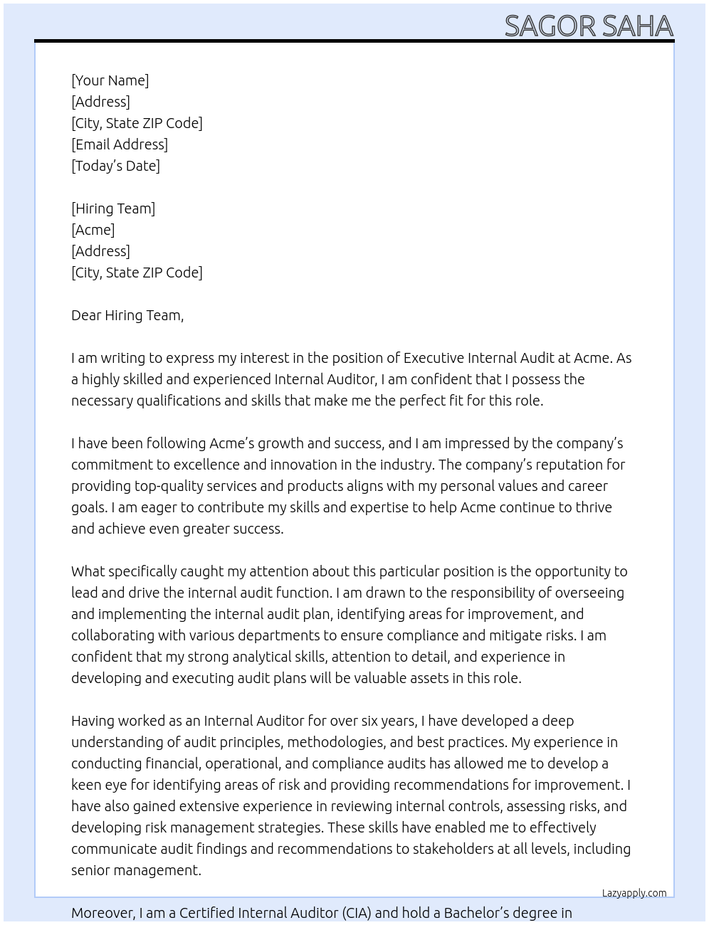 Executive Internal Audit At Acme Cover Letter