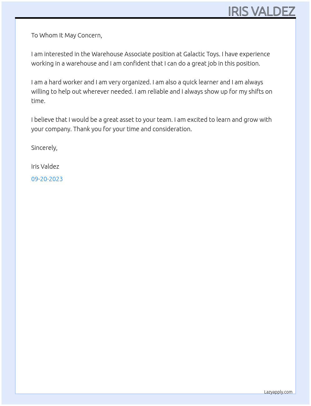 Warehouse Associate At Galactic Toys Cover Letter
