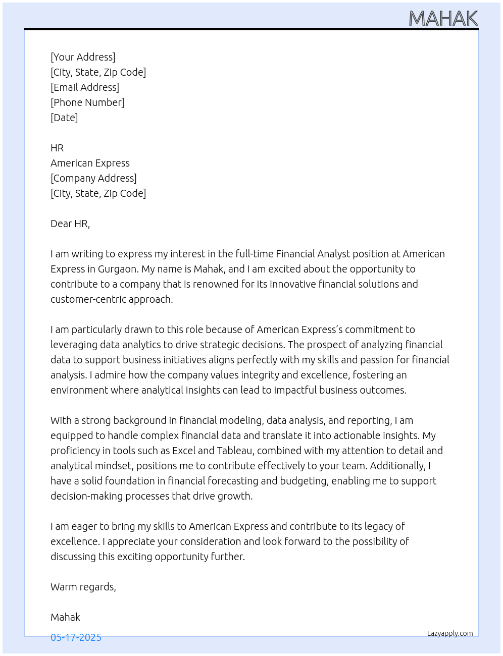 Financial Analyst At American Express Cover Letter