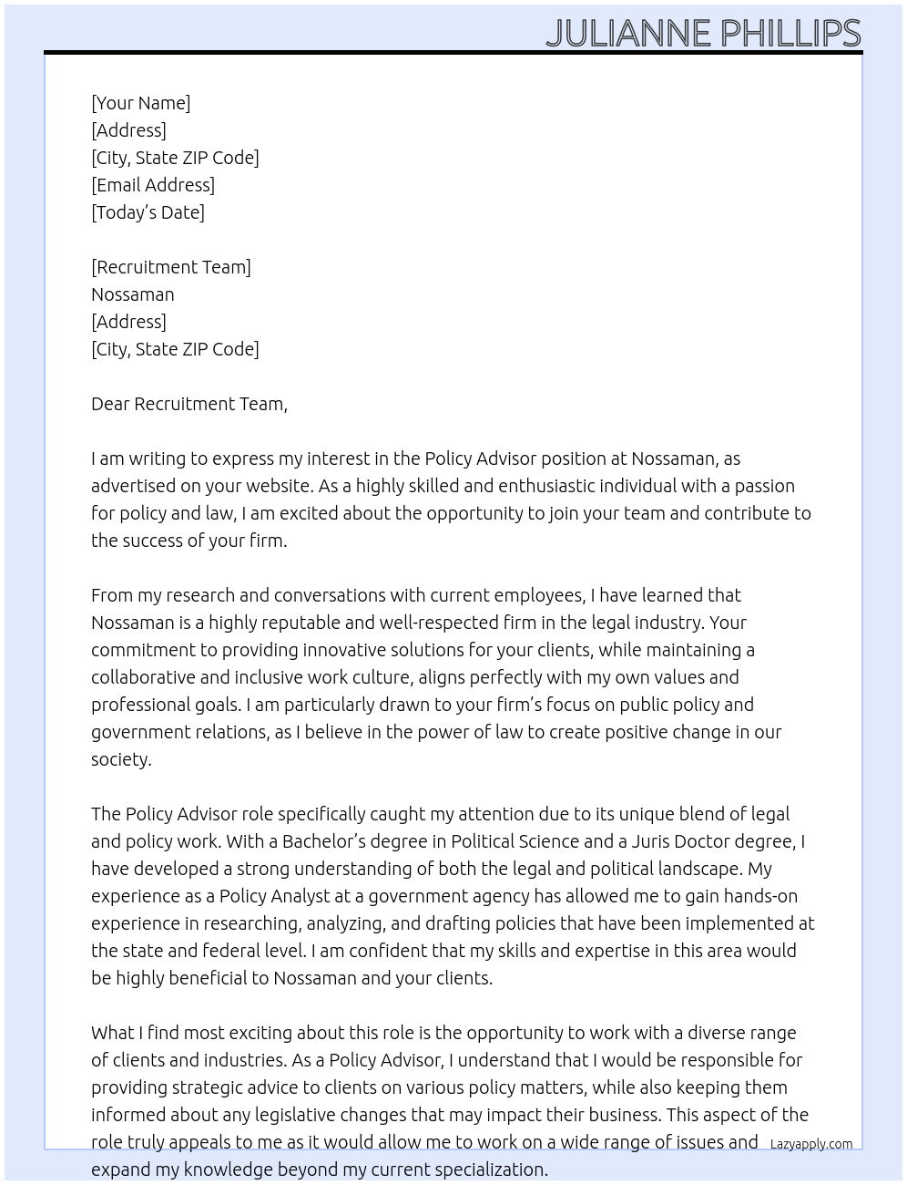 Policy Advisor At Nossaman Cover Letter