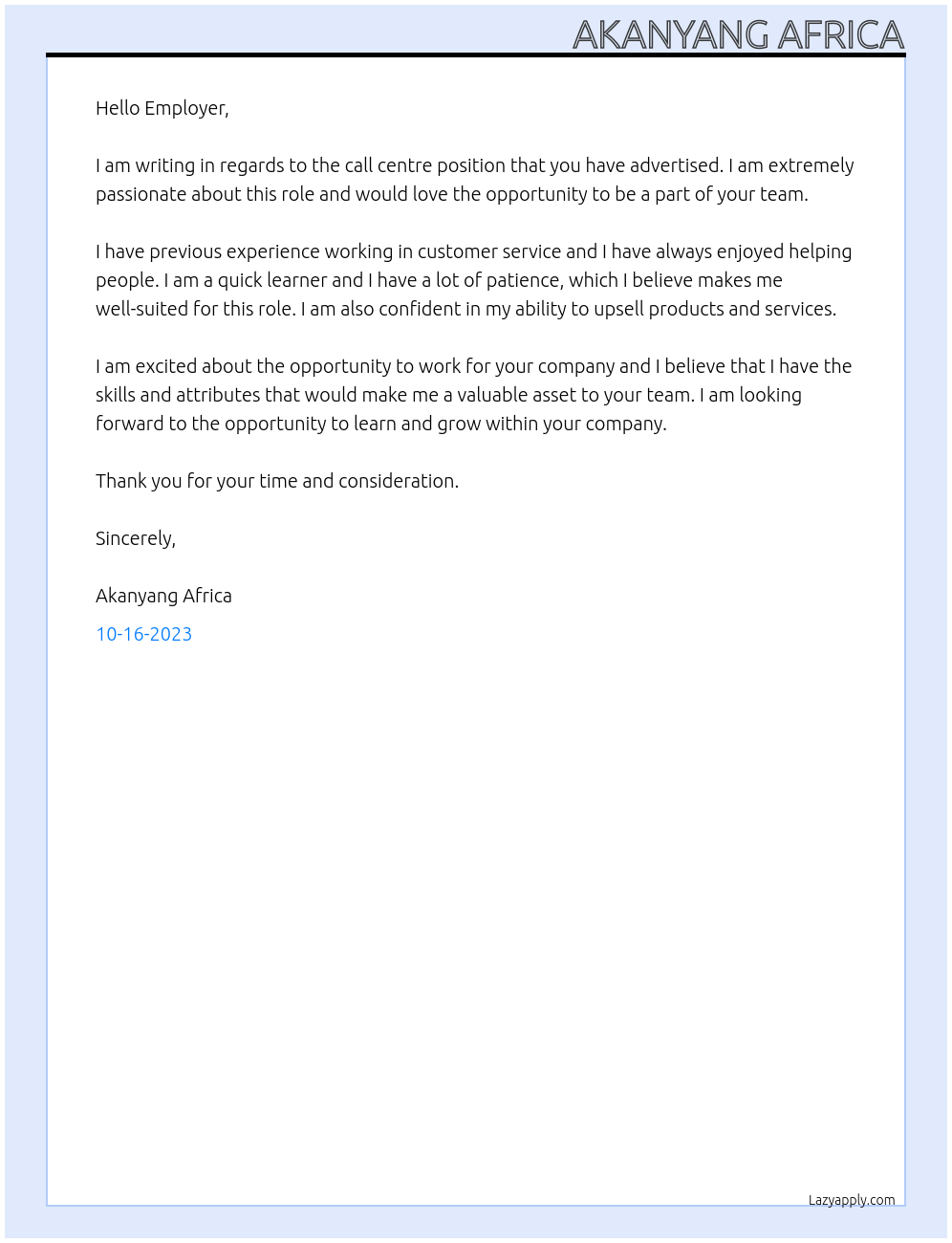 call centre At call centre job Cover Letter