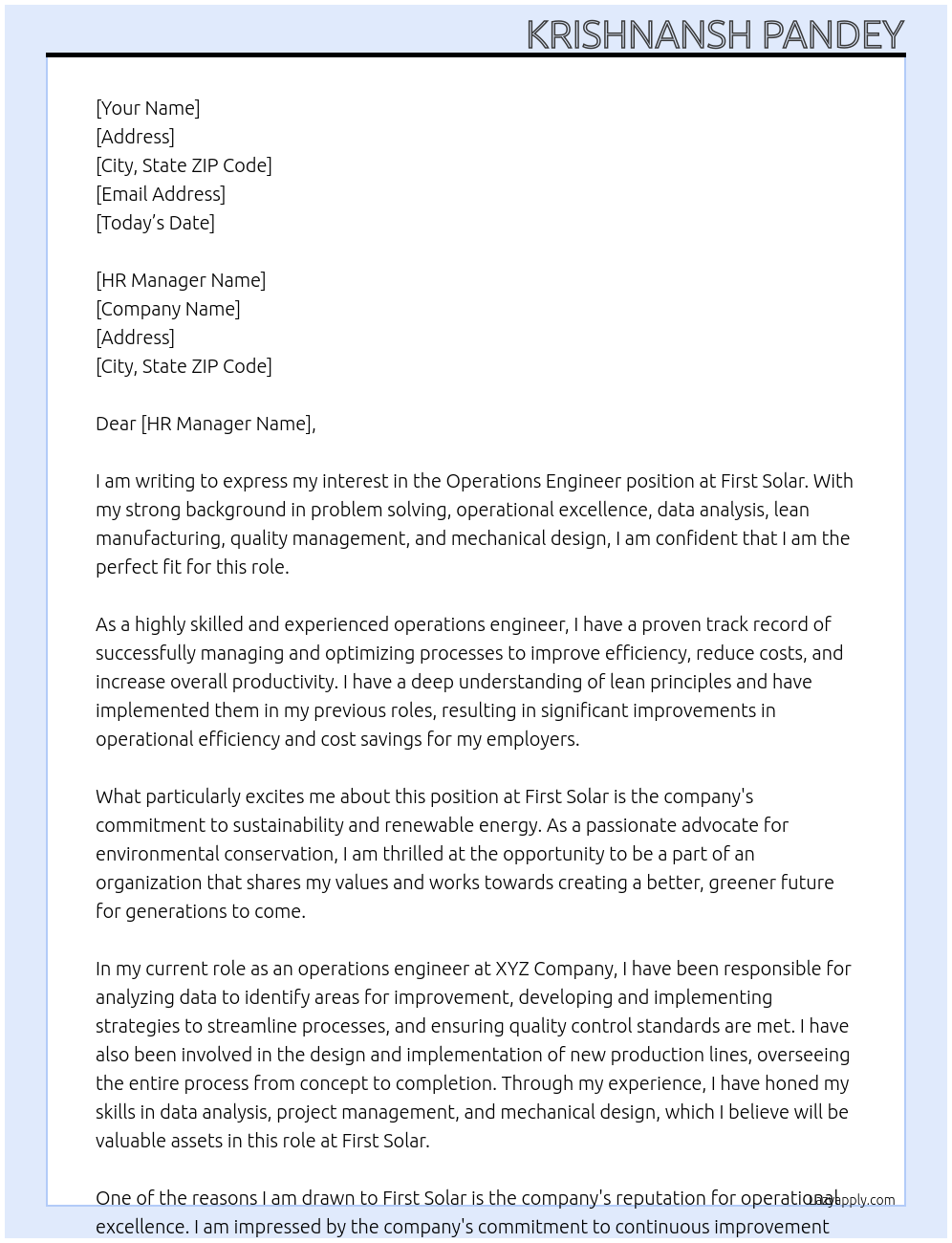 Operations engineer At First Solar Cover Letter